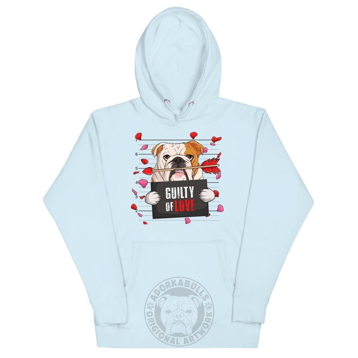 "Guilty of Love" English Bulldog Unisex Hoodie | Red & White Colored Male