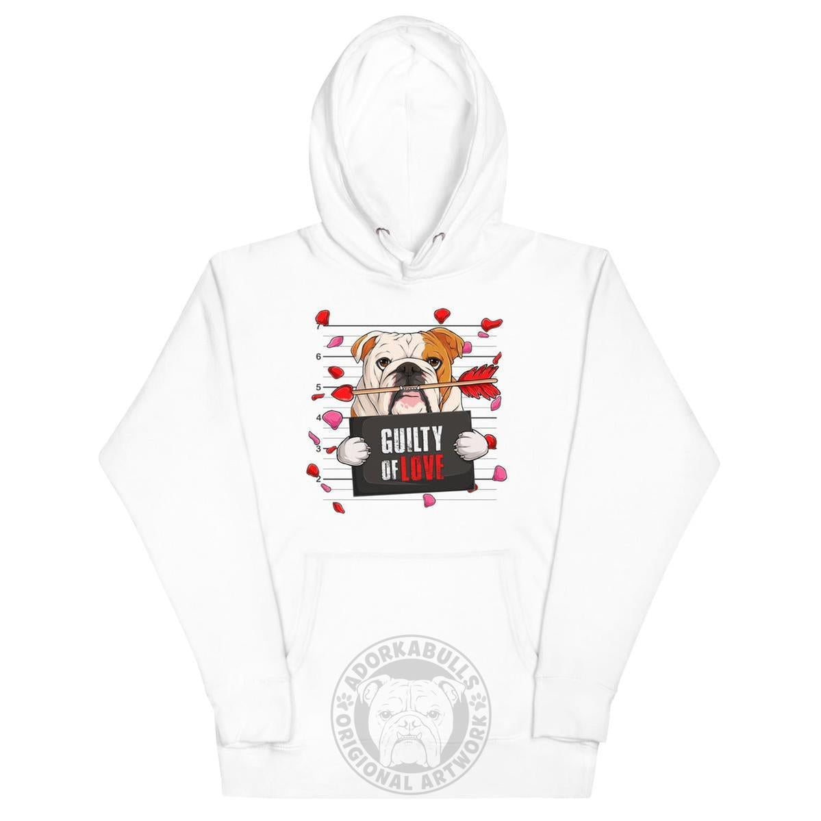 "Guilty of Love" English Bulldog Unisex Hoodie | Red & White Colored Male