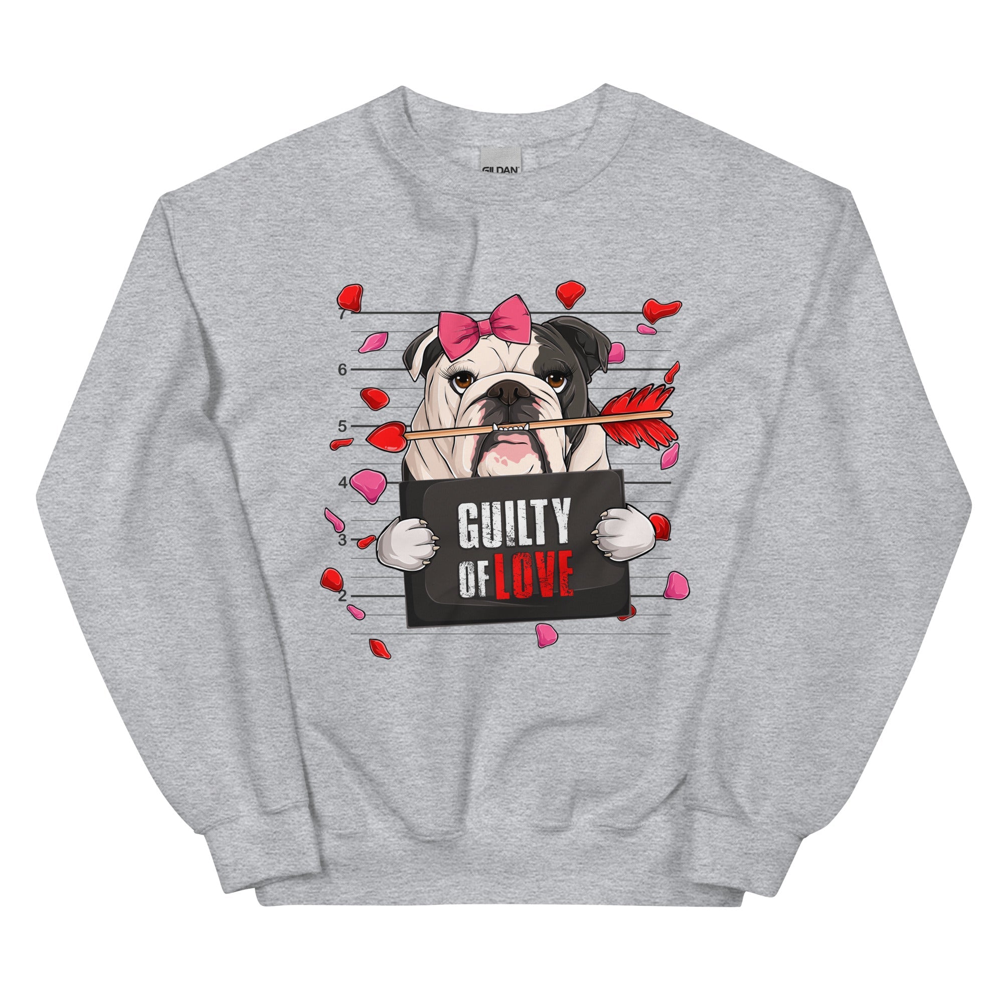 "Guilty of Love" Female Bulldog Valentine Sweatshirt | B&W Colored