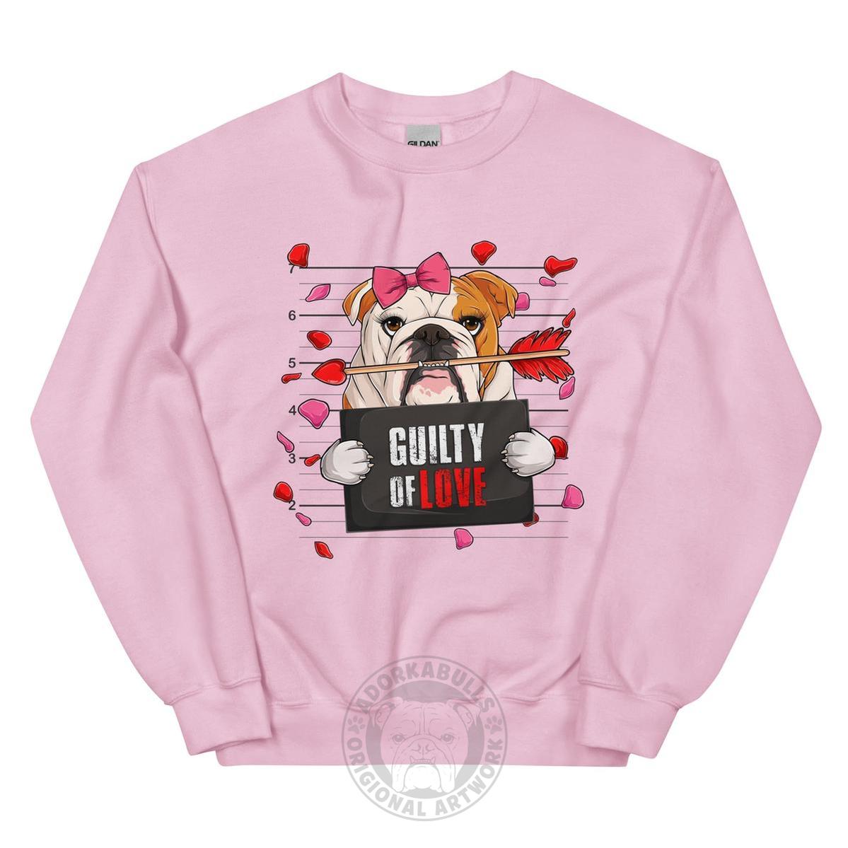 "Guilty of Love" Female Bulldog Valentine Sweatshirt | Red & White Colored