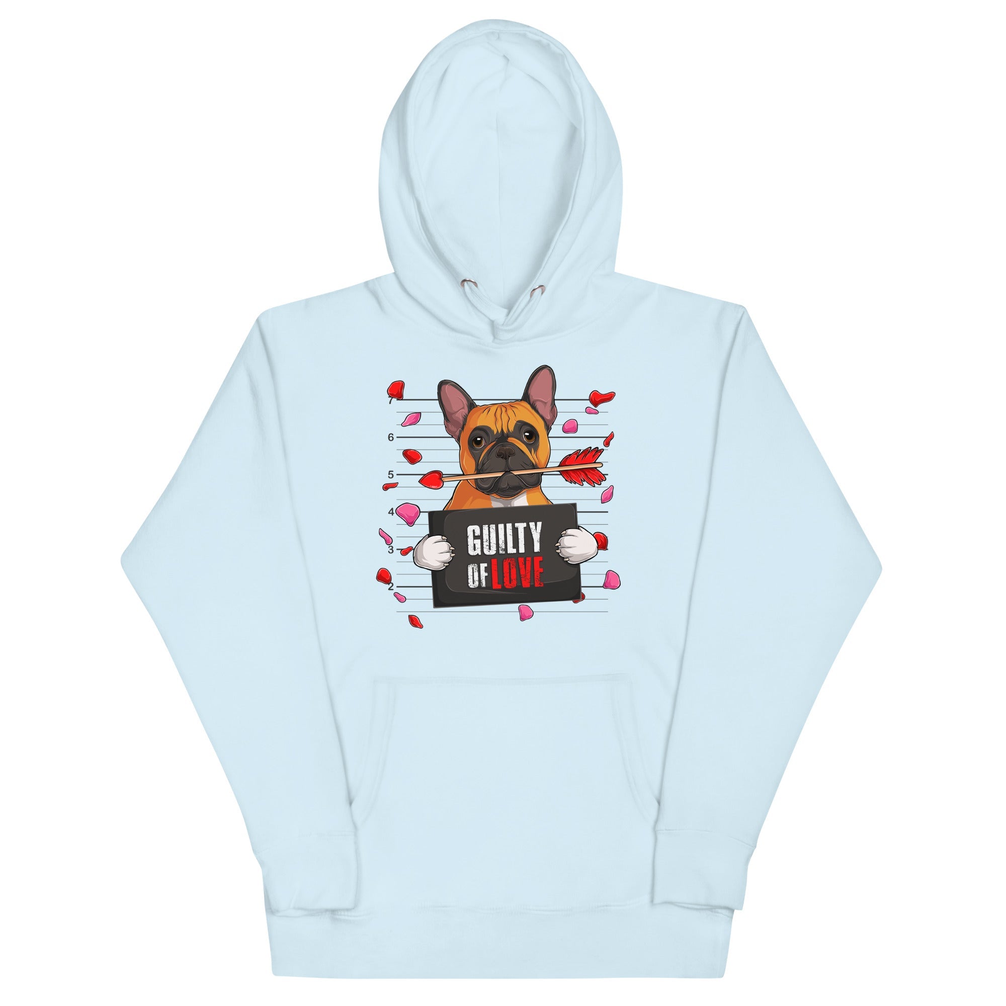 "Guilty of Love" French Bulldog Unisex Hoodie | Red & White Colored Male