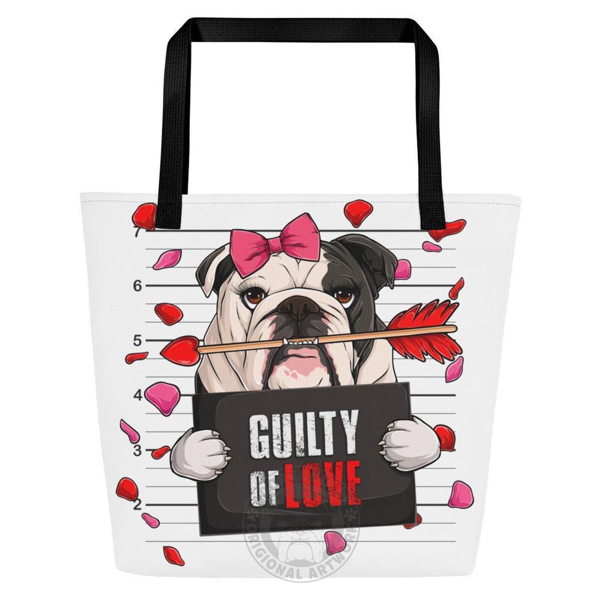 "Guilty of Love" Large Female Bulldog Tote Bag with Pocket | B&W Colored