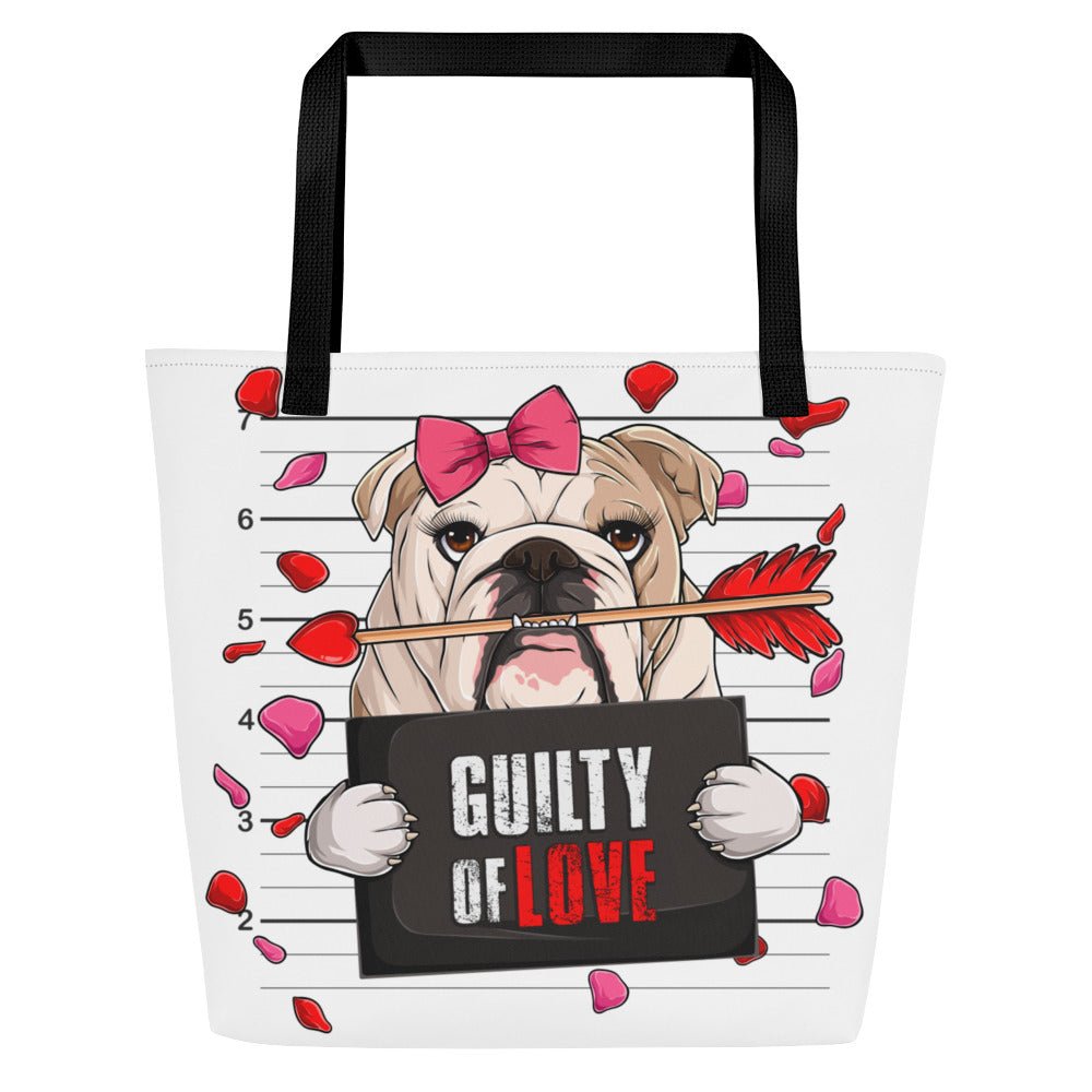 "Guilty of Love" Large Female Bulldog Tote Bag with Pocket | Fawn & White Colored