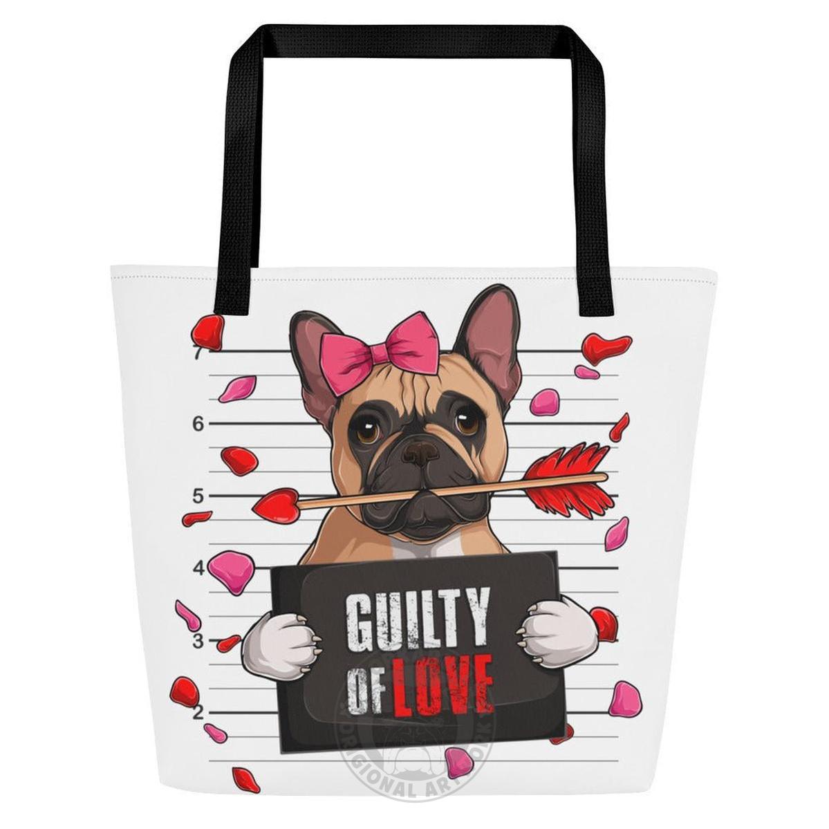 "Guilty of Love" Large Female French Bulldog Tote Bag | Fawn & White Colored