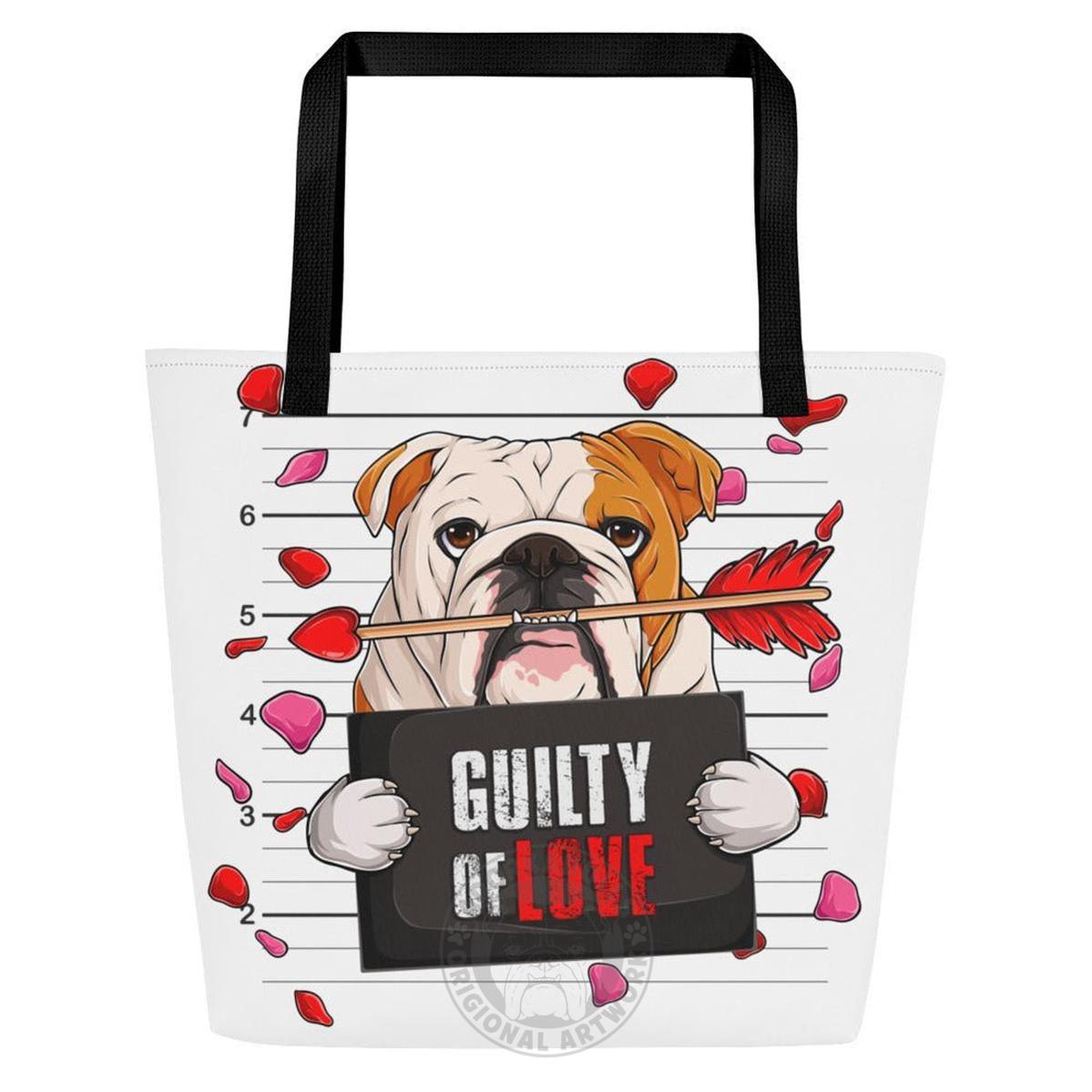 "Guilty of Love" Large Male Bulldog Tote Bag | Red & White Colored