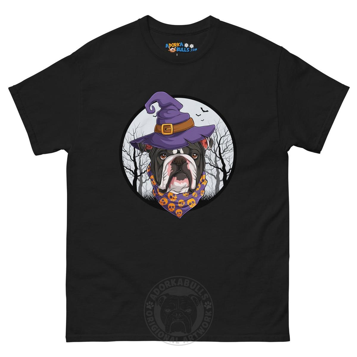 Halloween Witch tee, Male English Bulldog Black & White, Black