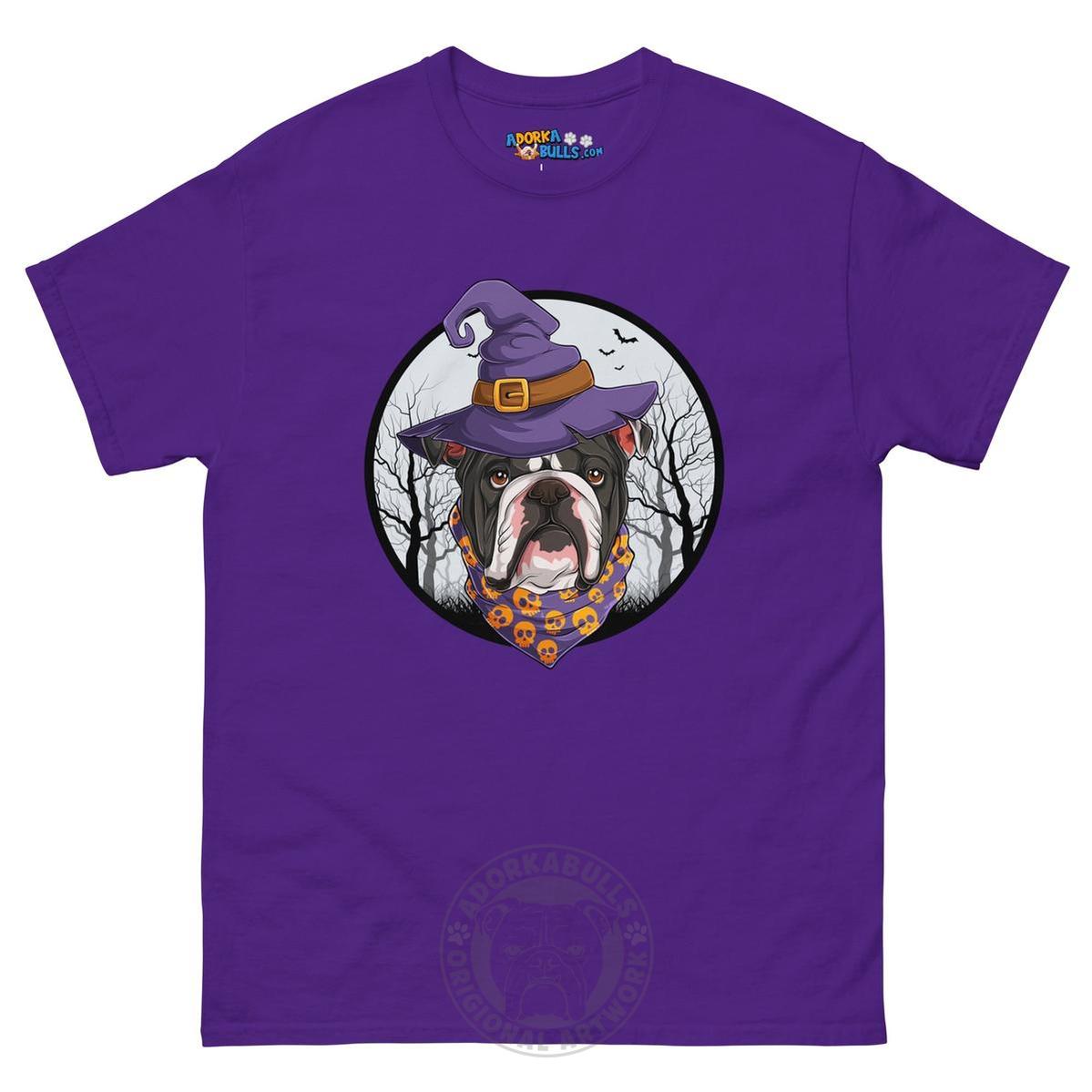 Halloween Witch tee, Male English Bulldog Black & White, Purple