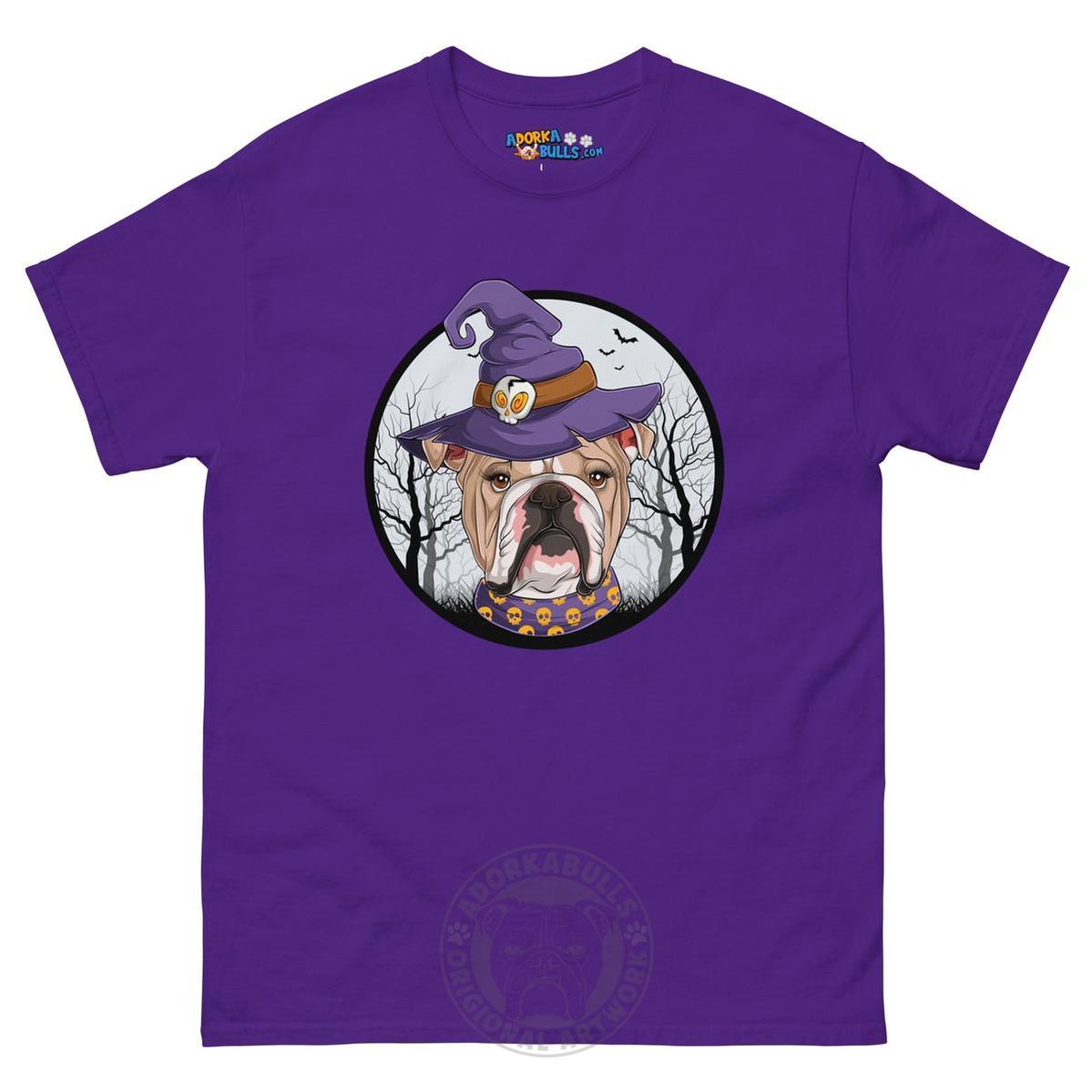 Halloween Witch tee, Female English Bulldog Fawn & White, Purple
