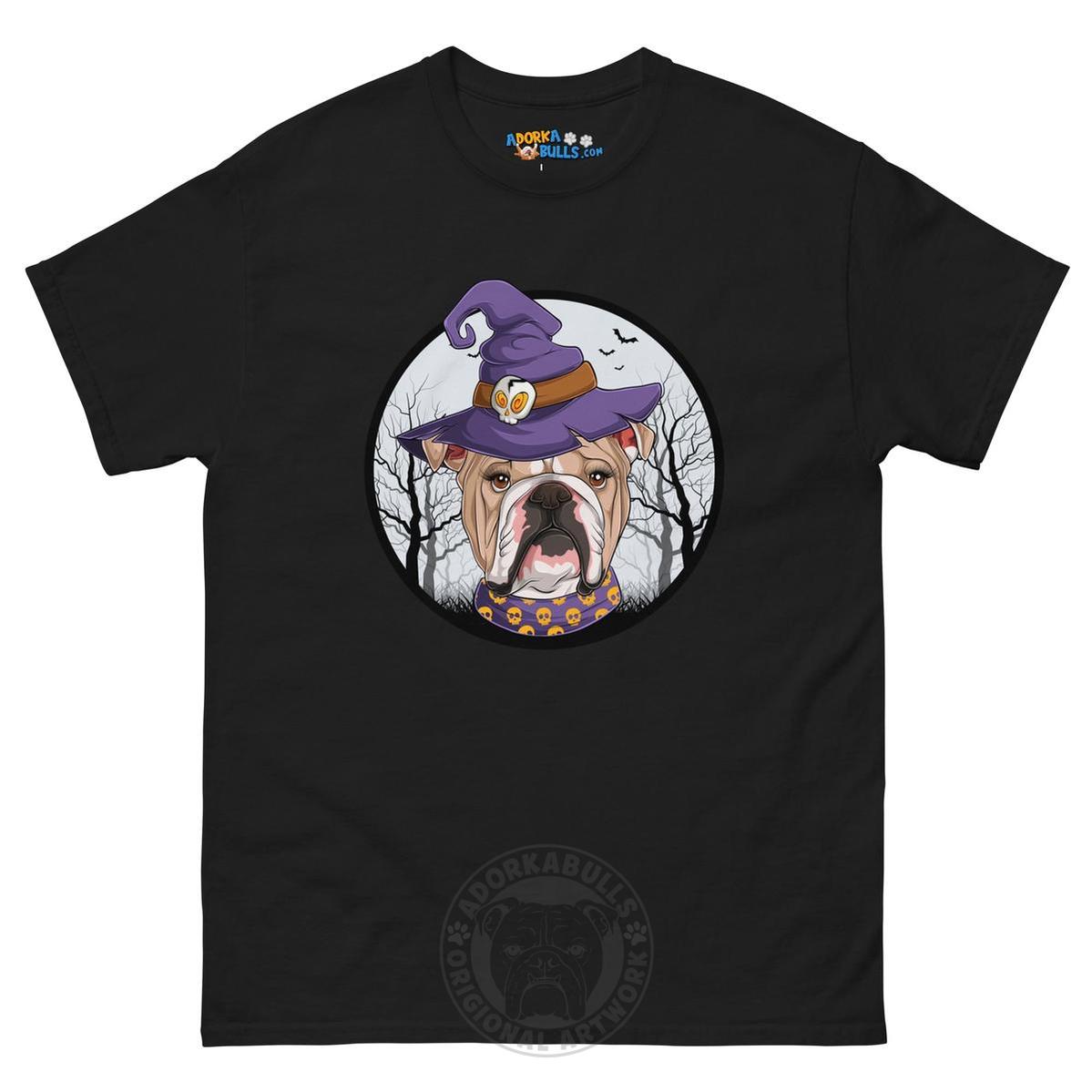Halloween Witch tee, Female English Bulldog Fawn & White, Black