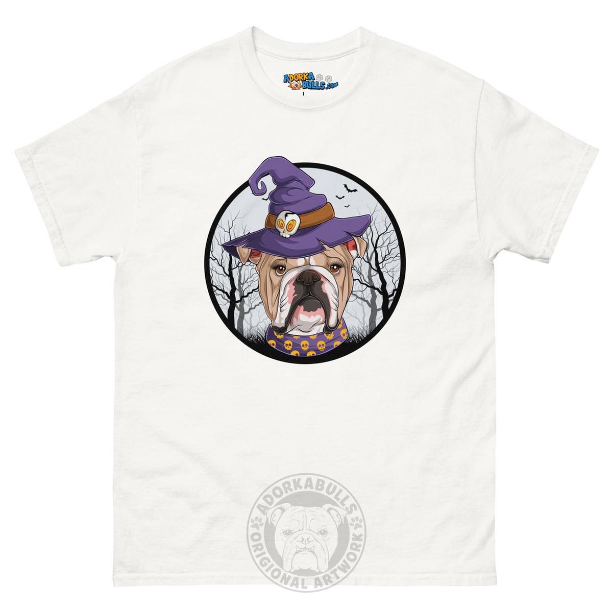 Halloween Witch tee, Female English Bulldog Fawn & White, White