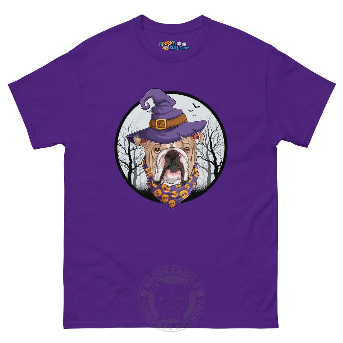 Halloween Witch tee, Male English Bulldog Fawn & White, Purple