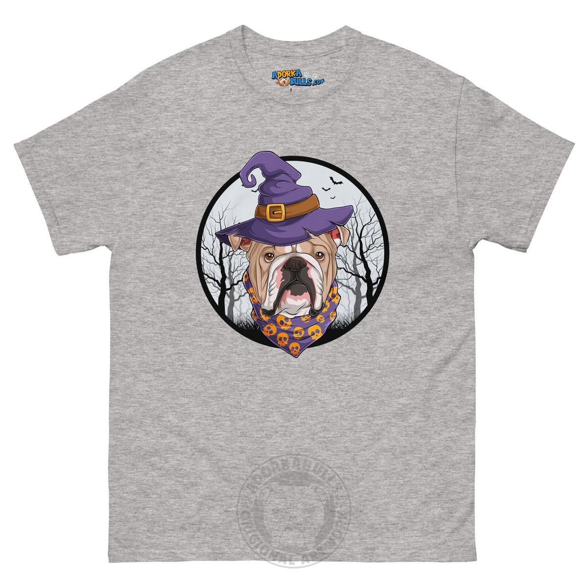 Halloween Witch tee, Male English Bulldog Fawn & White, Sport Grey