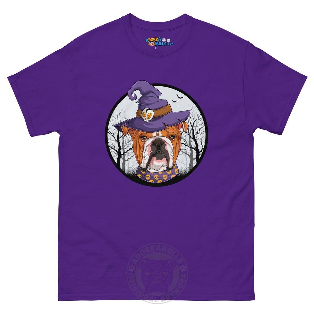 Halloween Witch tee, Female English Bulldog Red & White, Purple