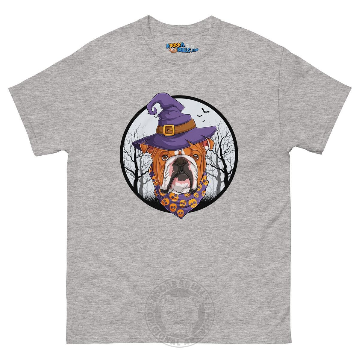 Halloween Witch tee, Male English Bulldog Red & White, Sport Grey