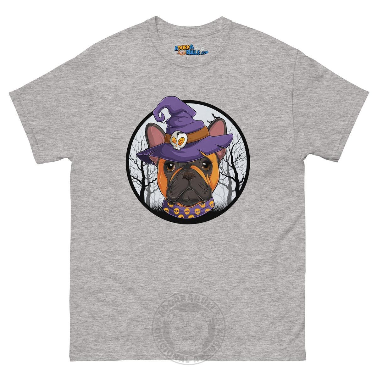 Halloween Witch tee, Female Frenchie Red & White, Sport Grey