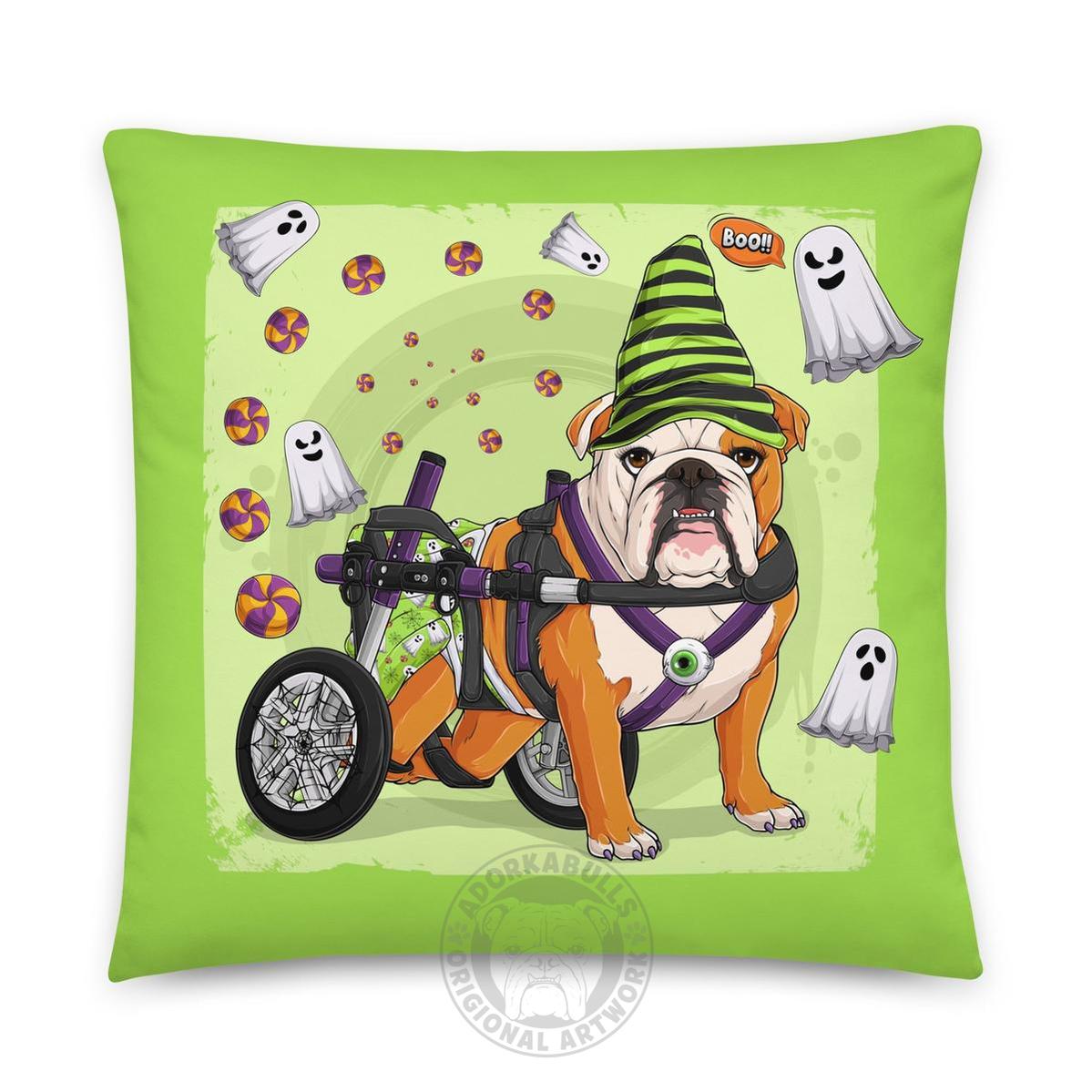 Halloween Ghost Bulldog Throw Pillow | Wheelchair | English Bulldog · Red & White · Female