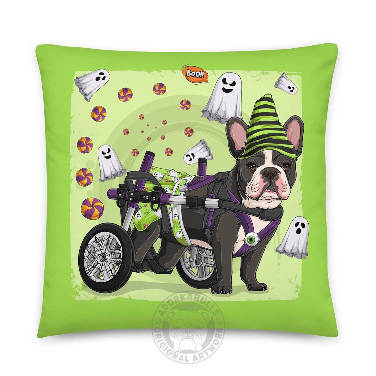 Halloween Ghost Bulldog Throw Pillow | Wheelchair | Frenchie · Black & White · Female
