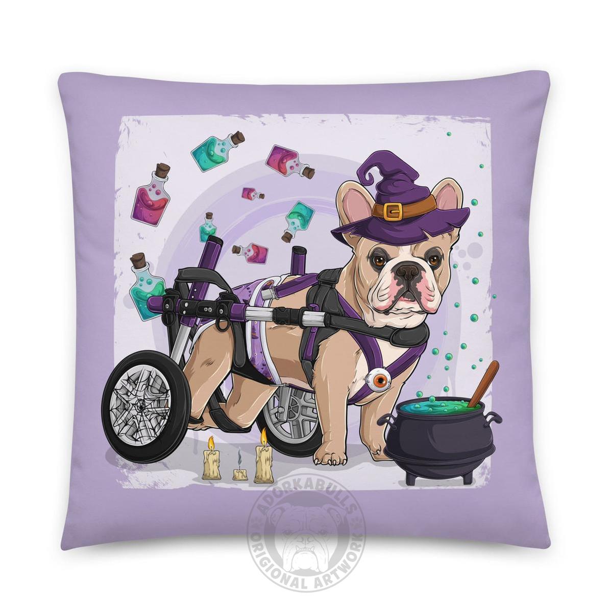 Halloween Potion & Cauldron Bulldog Throw Pillow | Wheelchair | Frenchie · Fawn & White · Male