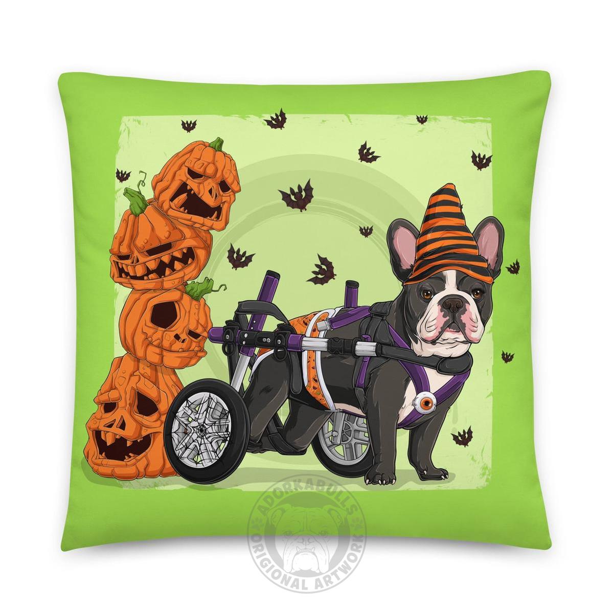Halloween Pumpkin & Bats Bulldog Throw Pillow | Wheelchair | Frenchie · Black & White · Male