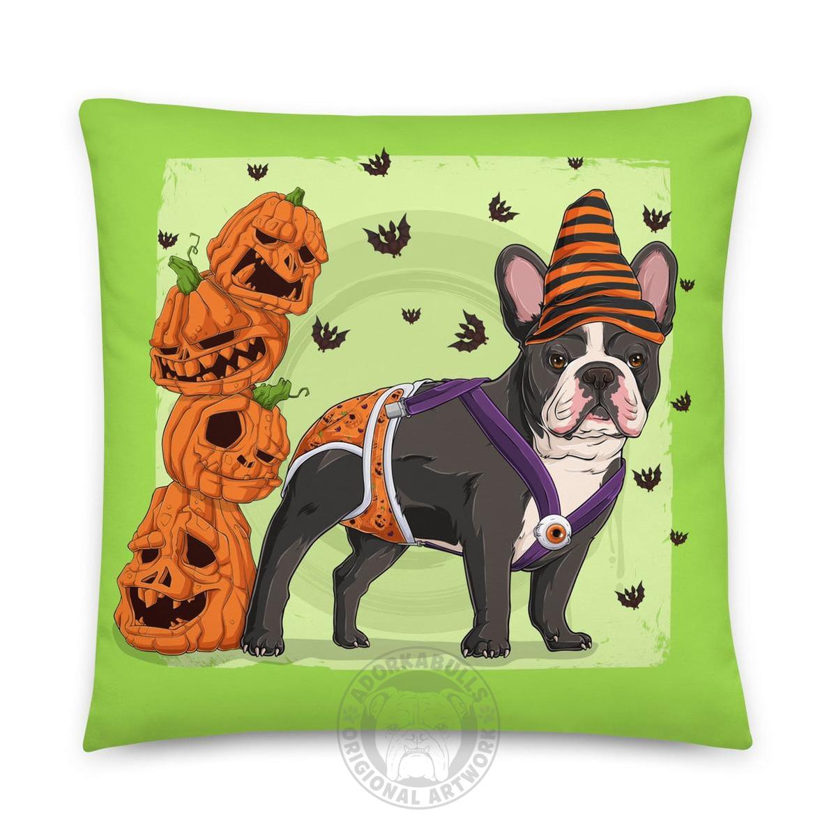 Halloween Pumpkin & Bats Bulldog Throw Pillow | Spina Bifida | Frenchie · Black & White · Male