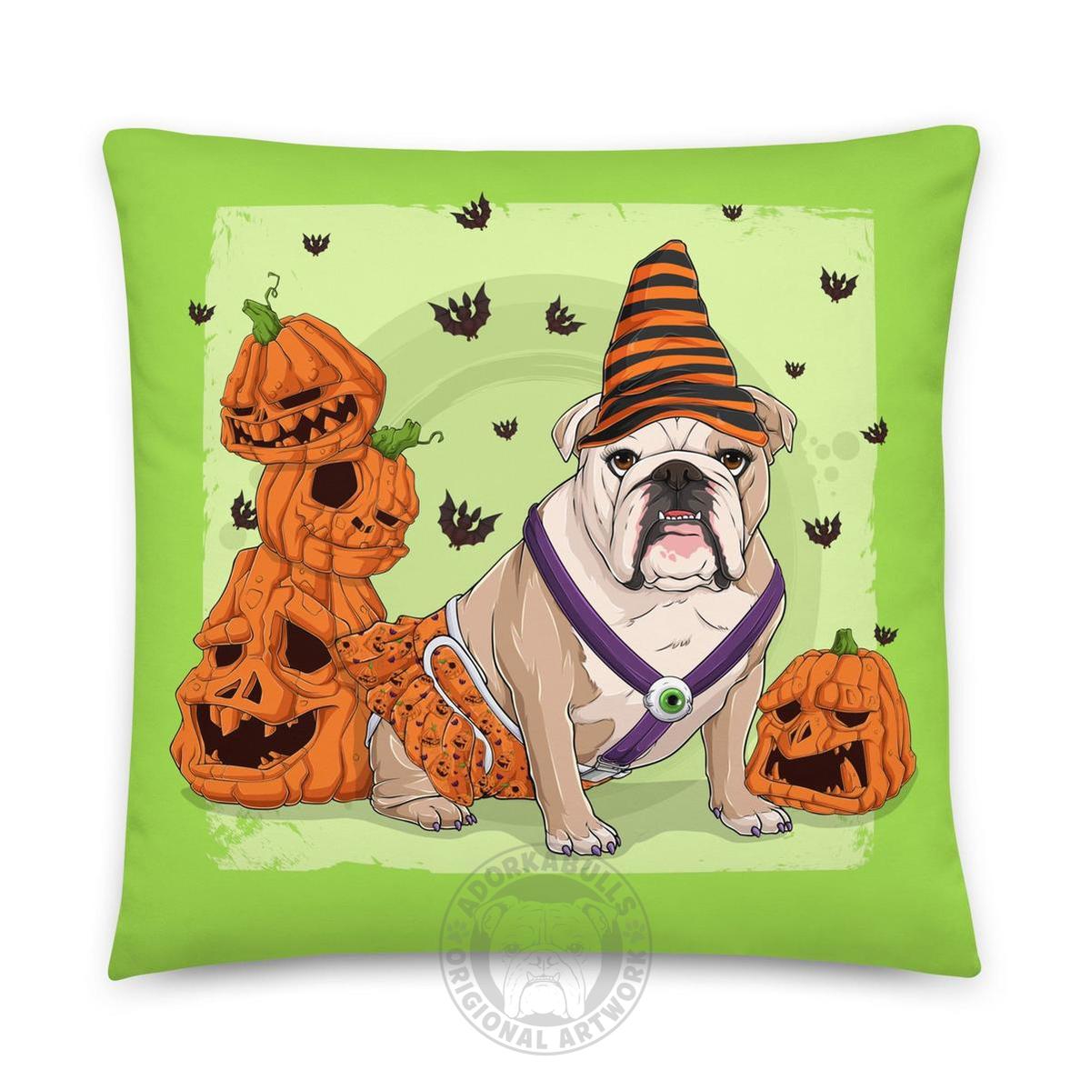 Halloween Pumpkin & Bats Bulldog Throw Pillow | Spina Bifida | English Bulldog · Fawn & White · Female