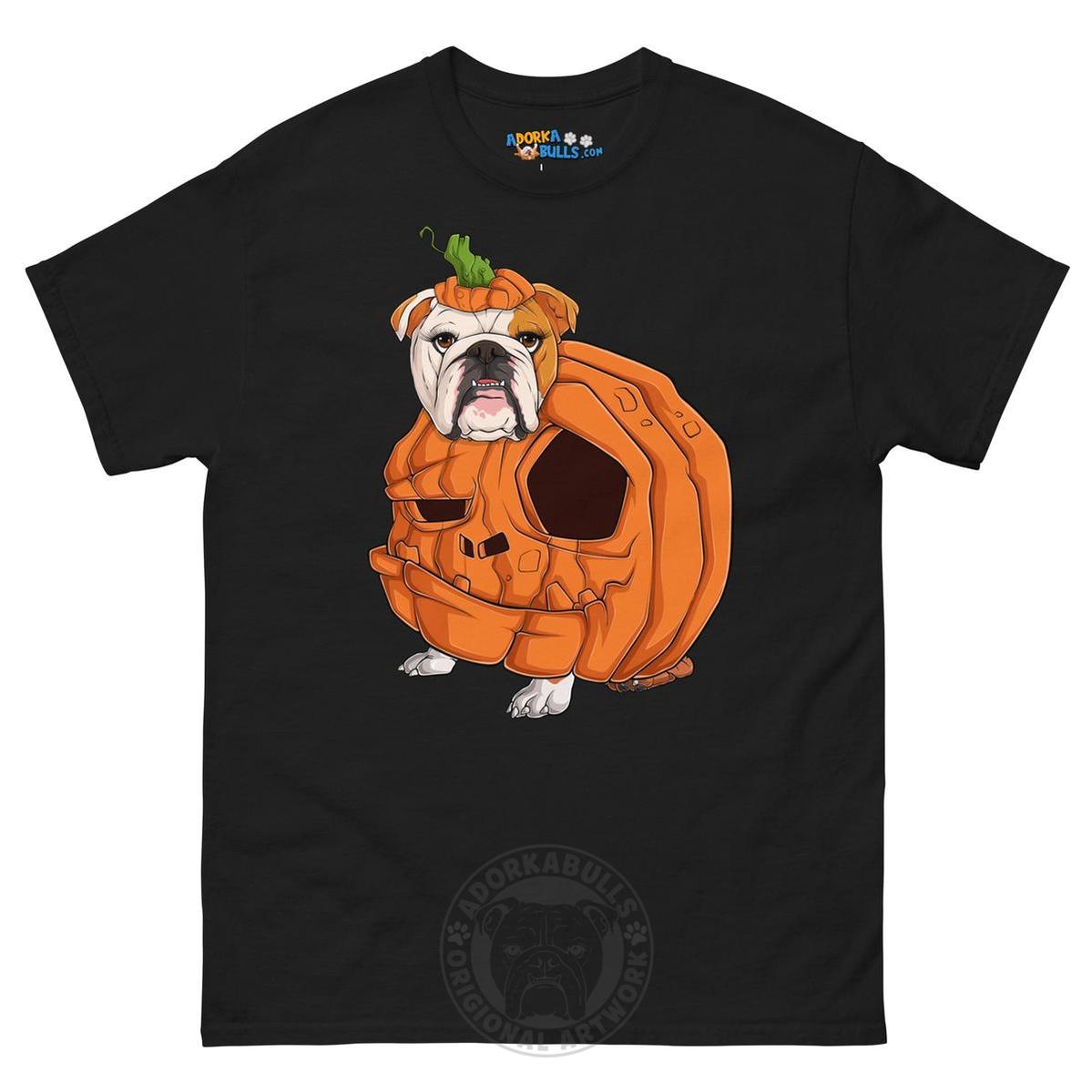 Halloween Pumpkin Bulldog Tee | English Bulldog ยท Red & White ยท Female | Black