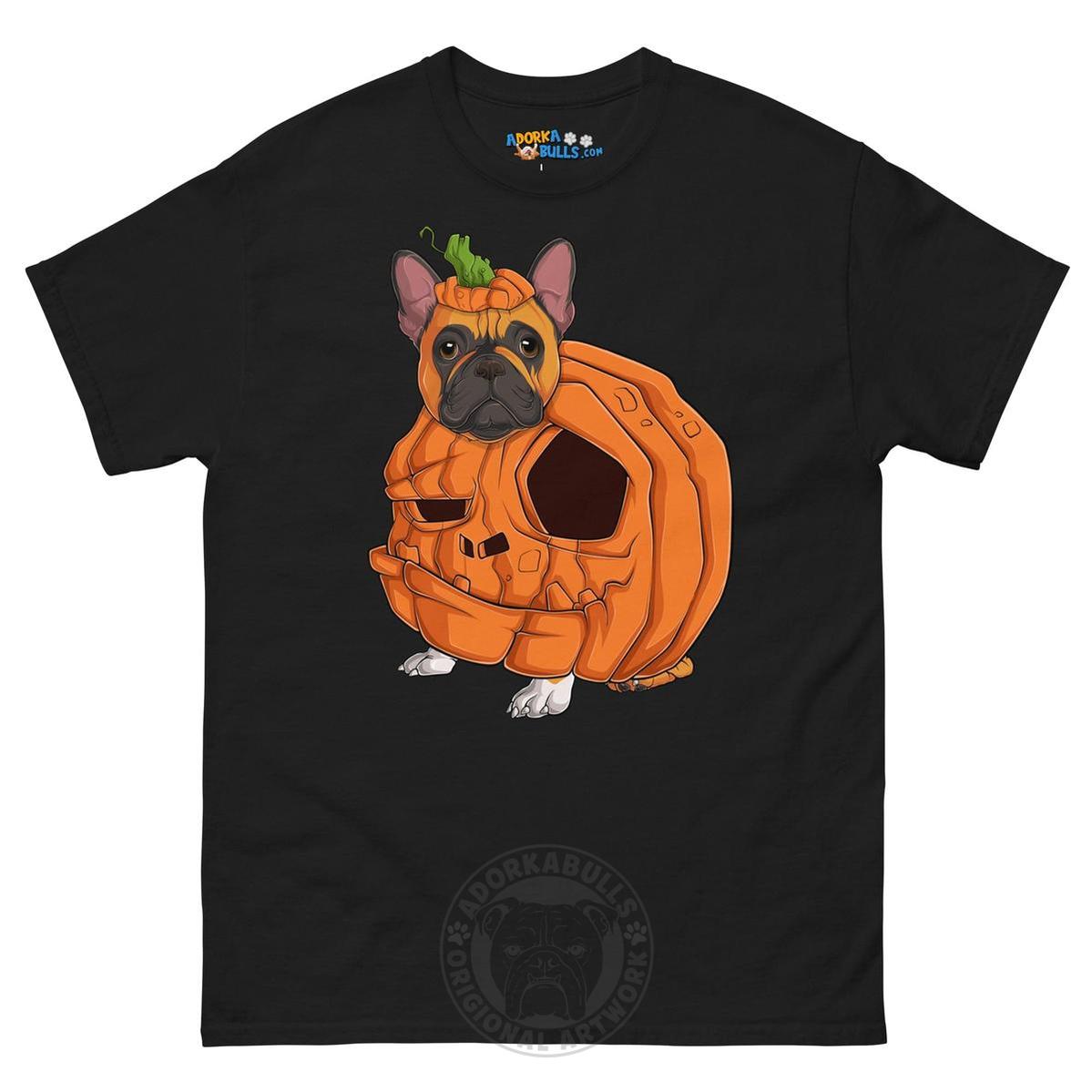 Halloween Pumpkin Bulldog Tee | Frenchie ยท Red & White ยท Male | Black