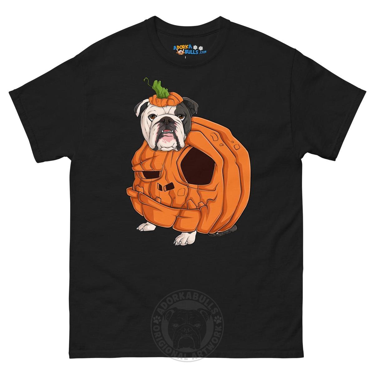 Halloween Pumpkin Bulldog Tee | English Bulldog ยท Black & White ยท Male | Black