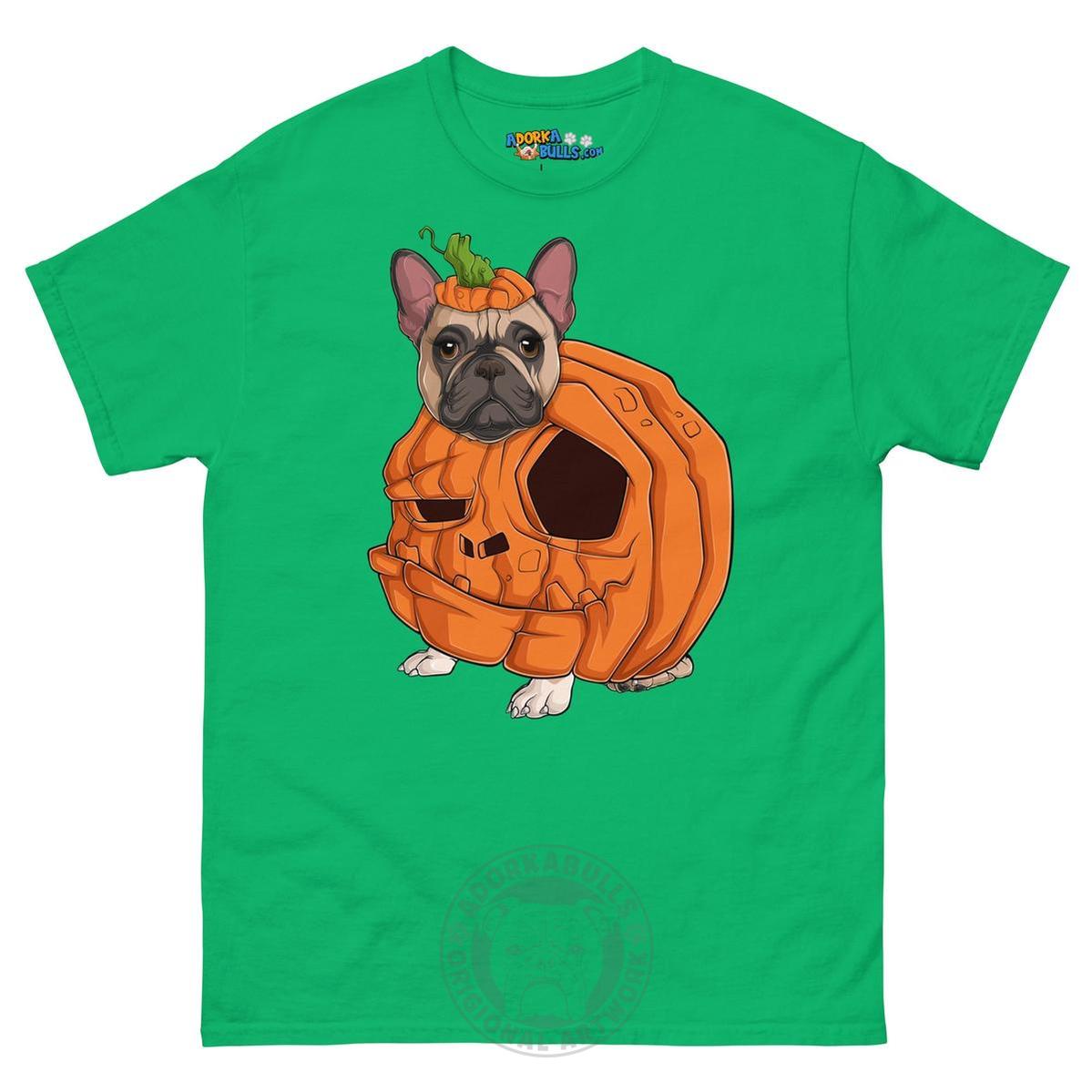Halloween Pumpkin Bulldog Tee | Frenchie ยท Fawn & White ยท Female | Irish Green