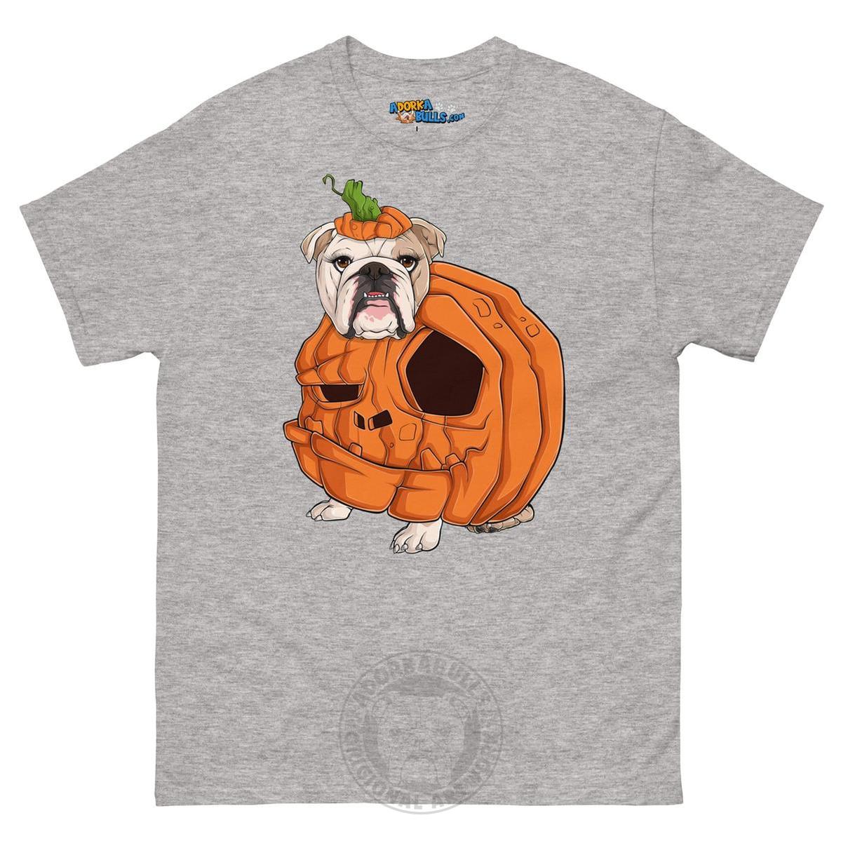 Halloween Pumpkin Bulldog Tee | English Bulldog ยท Fawn & White ยท Female | Sport Grey
