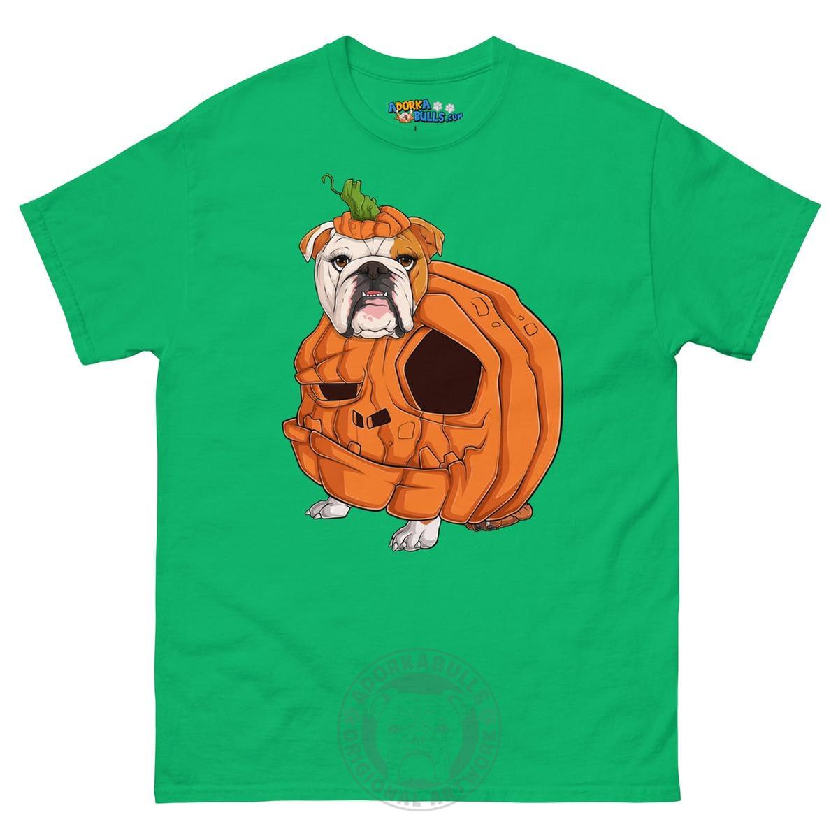Halloween Pumpkin Bulldog Tee | English Bulldog ยท Red & White ยท Female | Irish Green