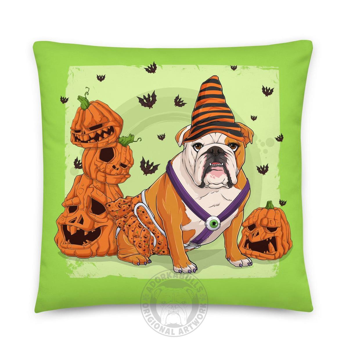 Halloween Pumpkin & Bats Bulldog Throw Pillow | Spina Bifida | English Bulldog · Red & White · Female