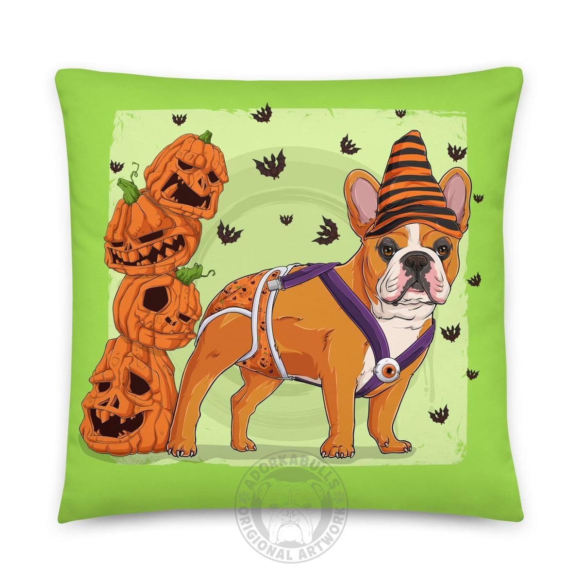 Halloween Pumpkin & Bats Bulldog Throw Pillow | Spina Bifida | Frenchie · Red & White · Male