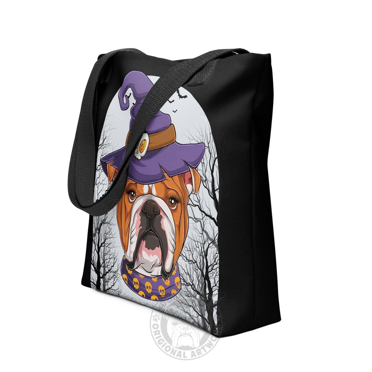 Halloween Witch Bulldog Tote Bag | English Bulldog · Red & White · Female