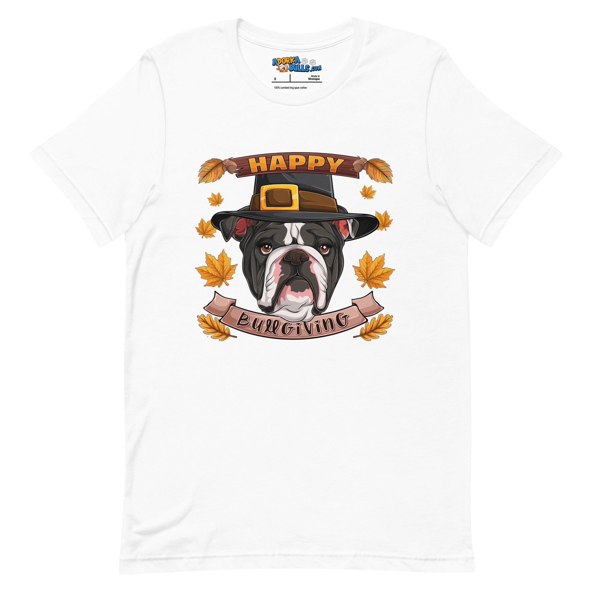 "Happy Bullgiving" English Bulldog Unisex Tee | B&W Colored Female
