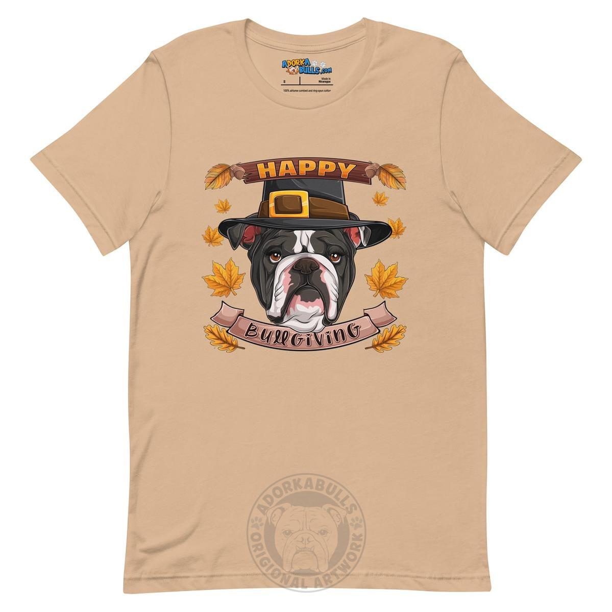 "Happy Bullgiving" English Bulldog Unisex Tee | B&W Colored Female
