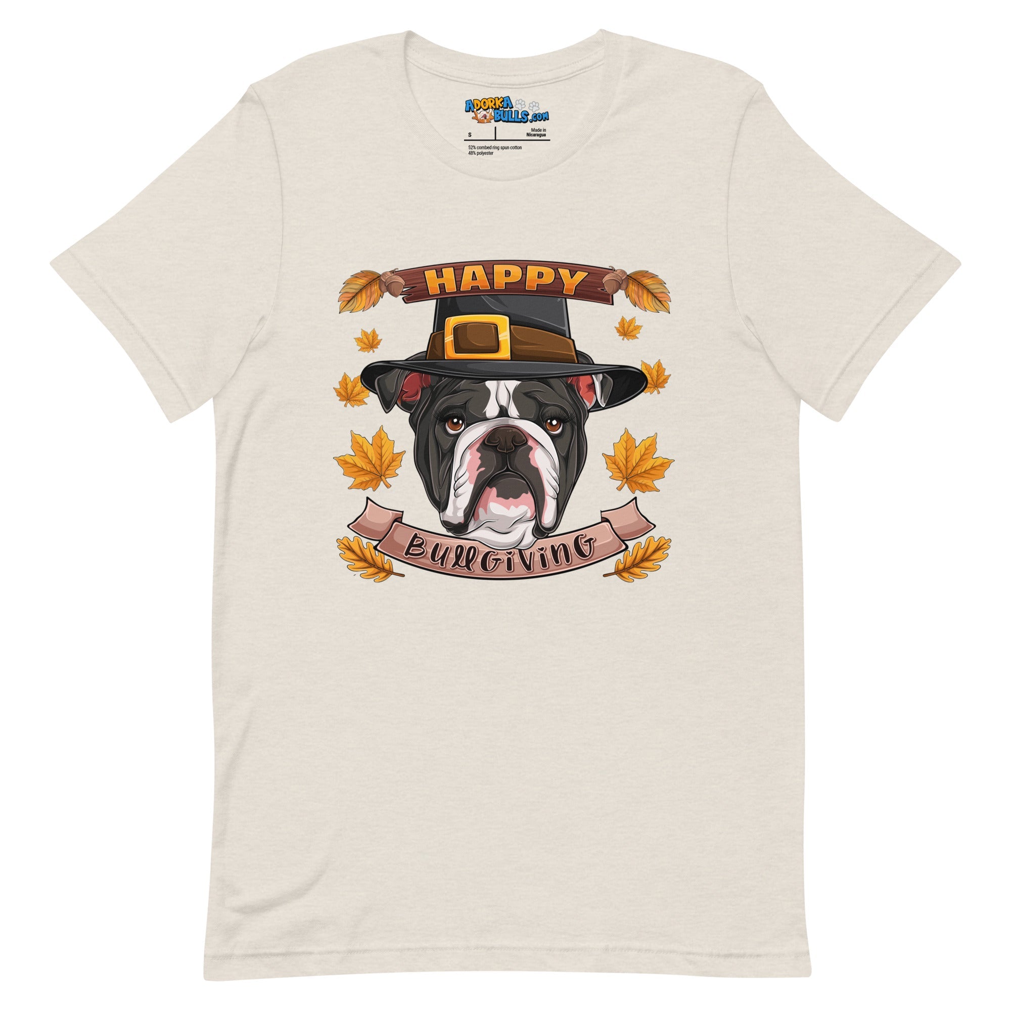 "Happy Bullgiving" English Bulldog Unisex Tee | B&W Colored Female