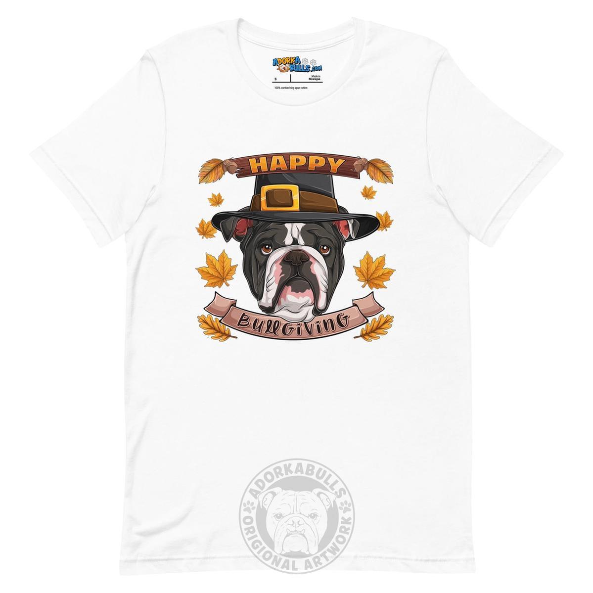 "Happy Bullgiving" English Bulldog Unisex Tee | B&W Colored Male