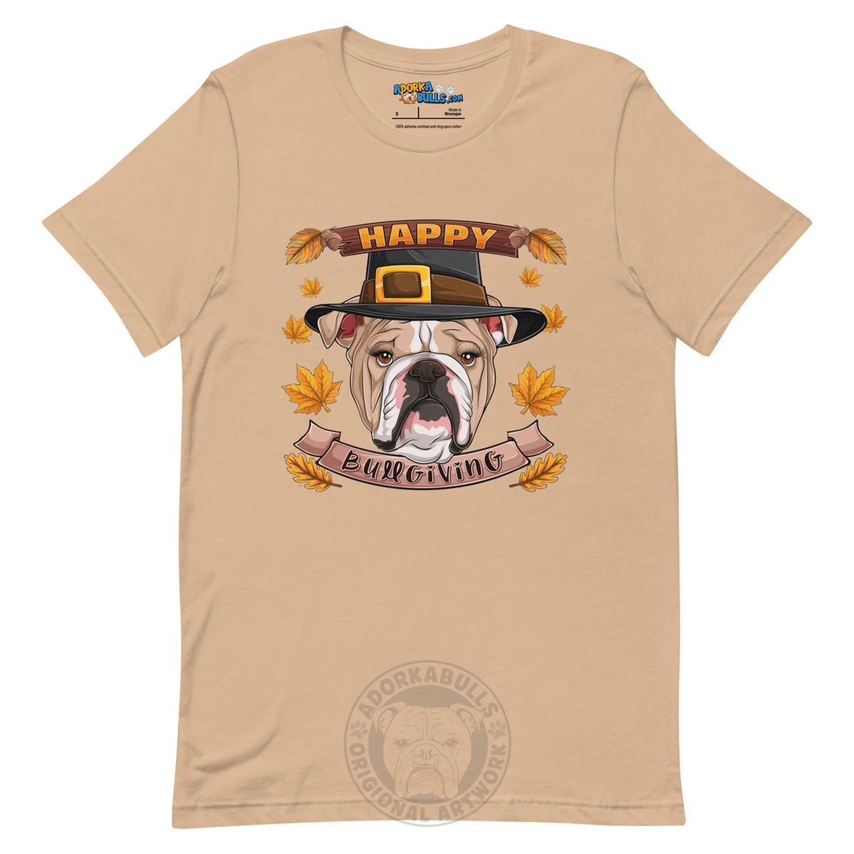 "Happy Bullgiving" English Bulldog Unisex Tee | Fawn & White Colored Female