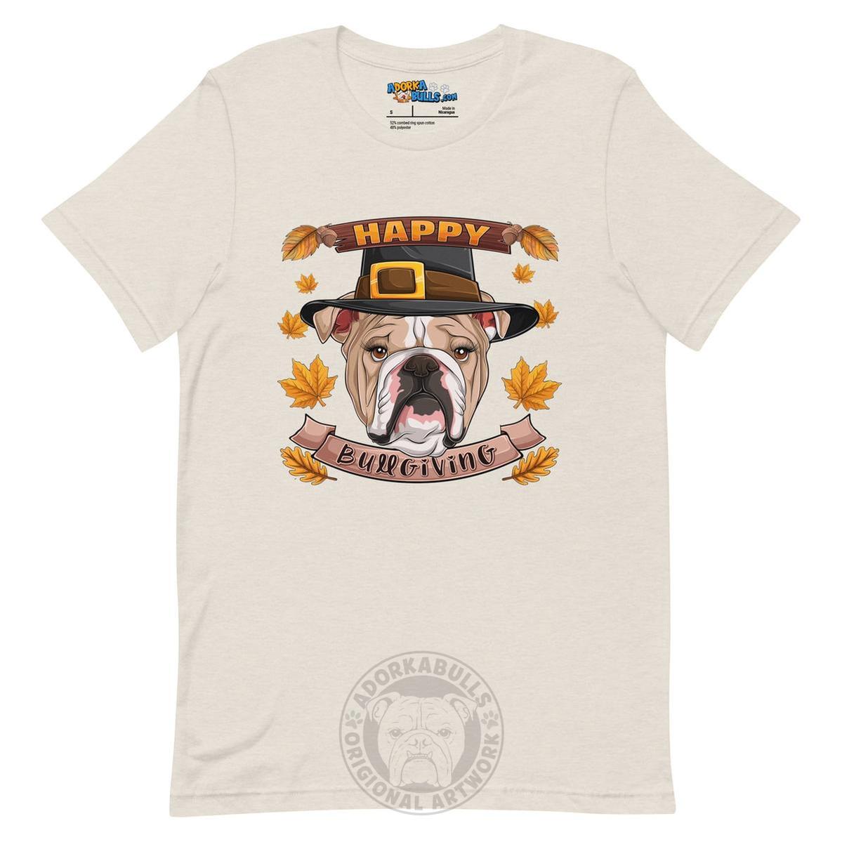 "Happy Bullgiving" English Bulldog Unisex Tee | Fawn & White Colored Female