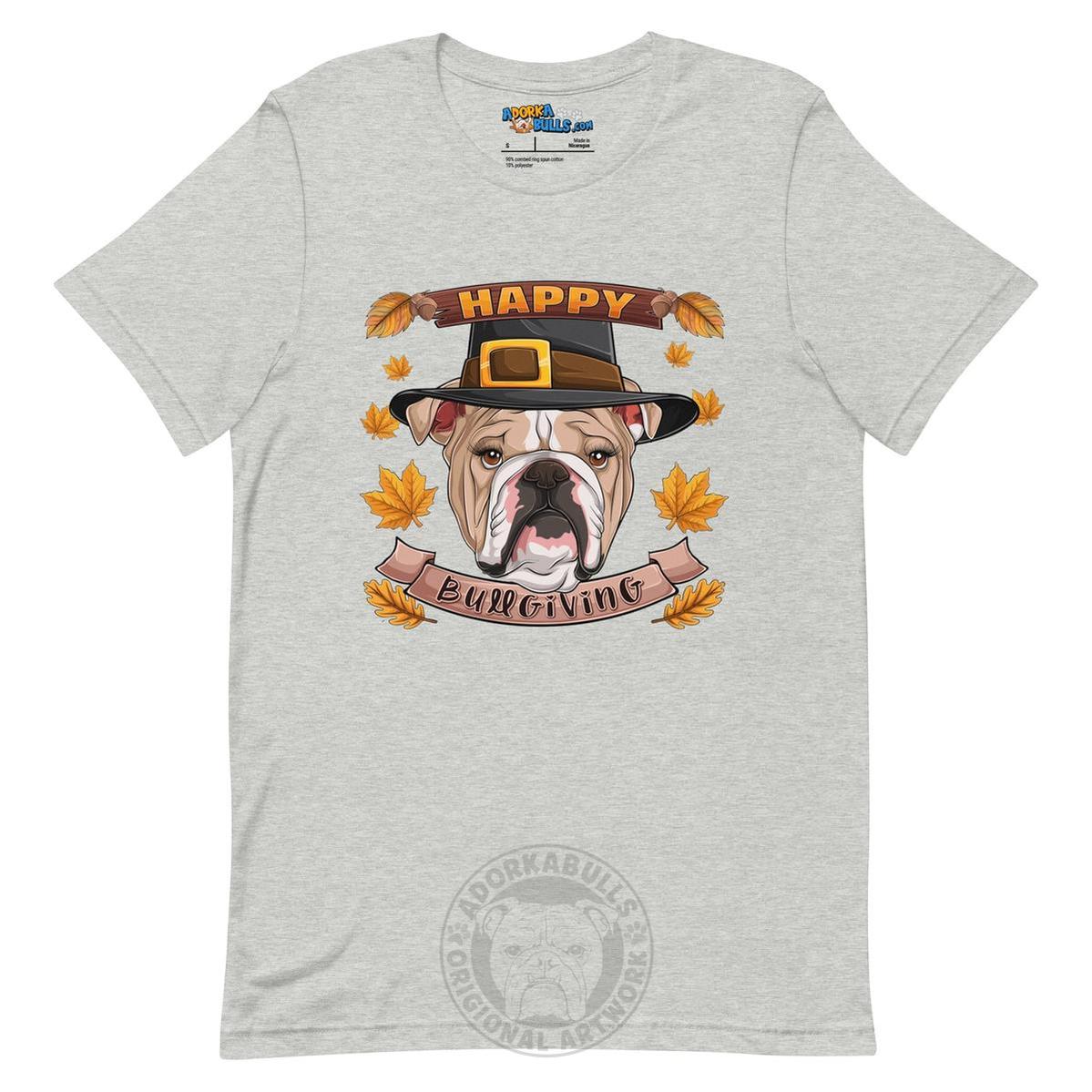 "Happy Bullgiving" English Bulldog Unisex Tee | Fawn & White Colored Female