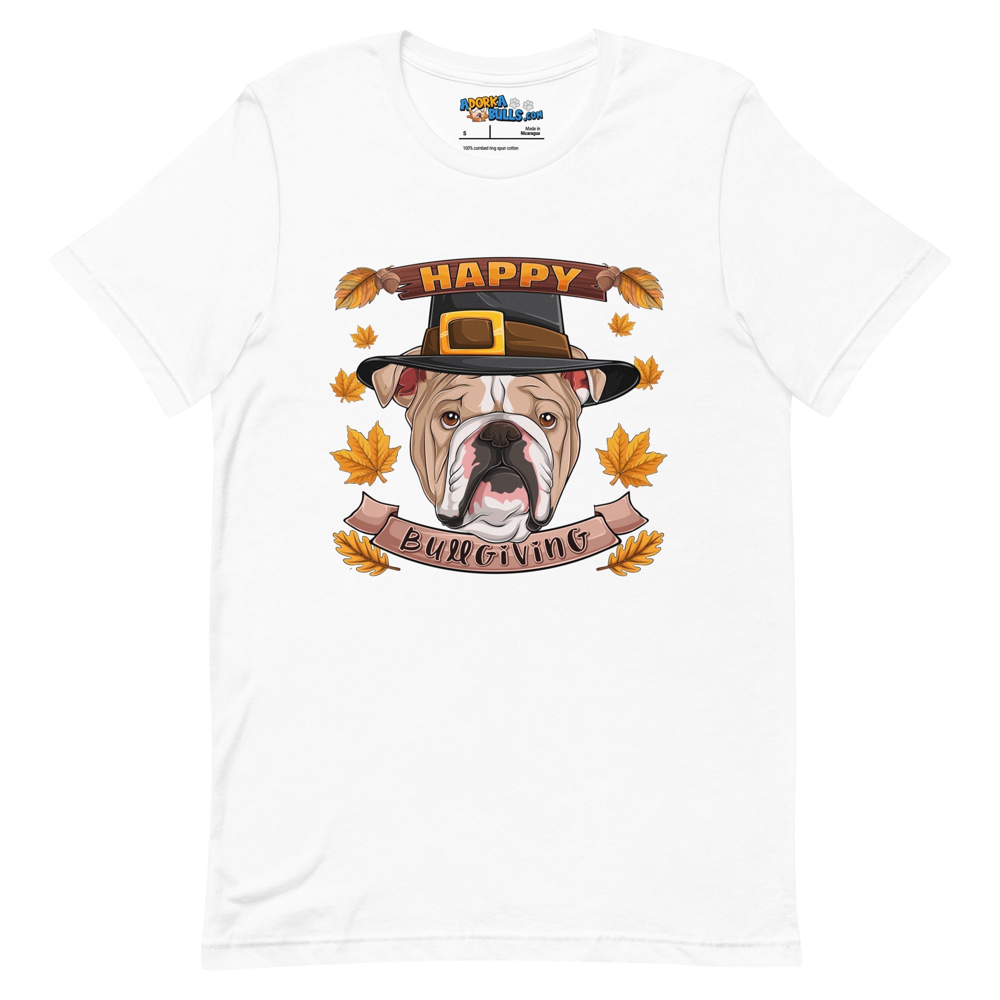 "Happy Bullgiving" English Bulldog Unisex Tee | Fawn & White Colored Male