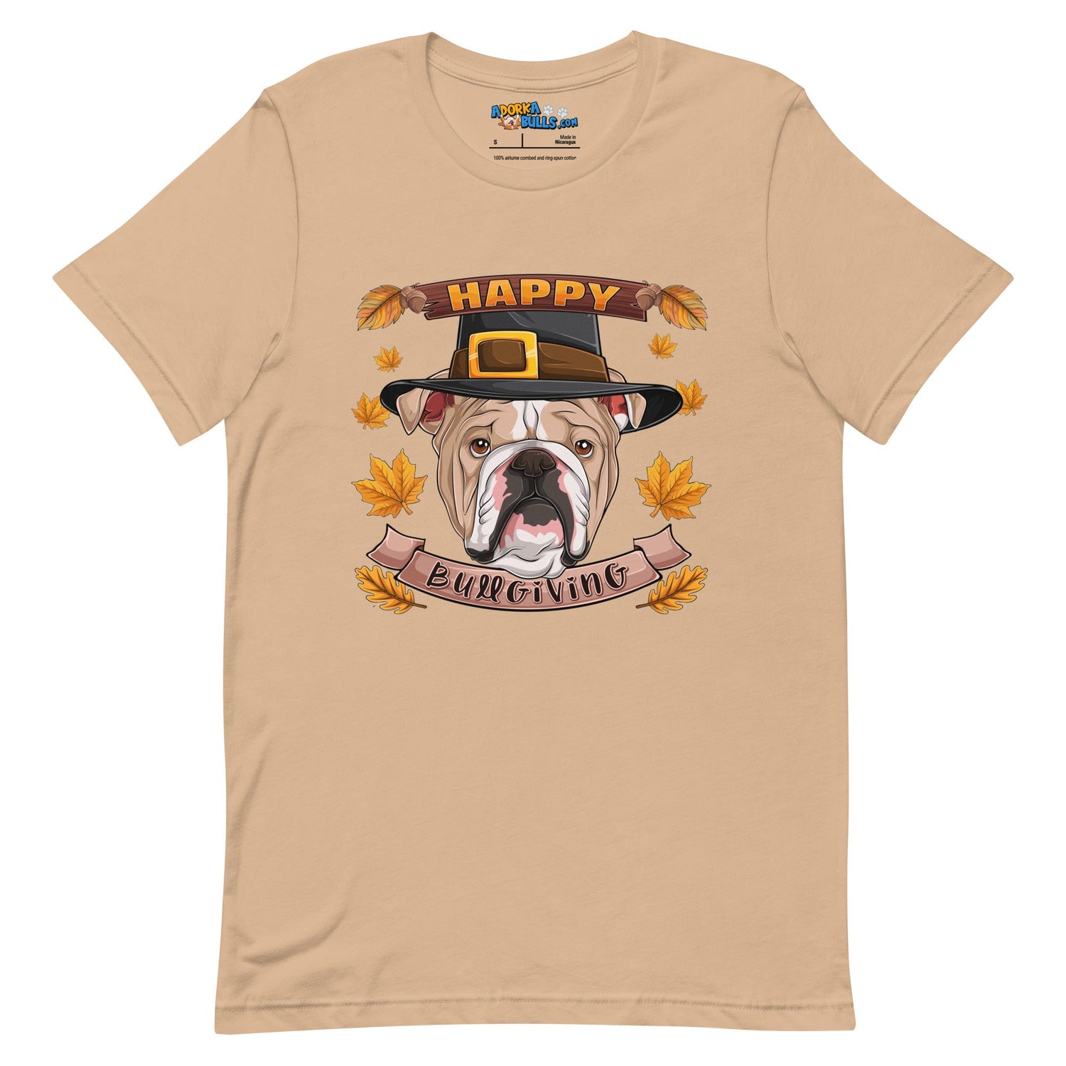"Happy Bullgiving" English Bulldog Unisex Tee | Fawn & White Colored Male