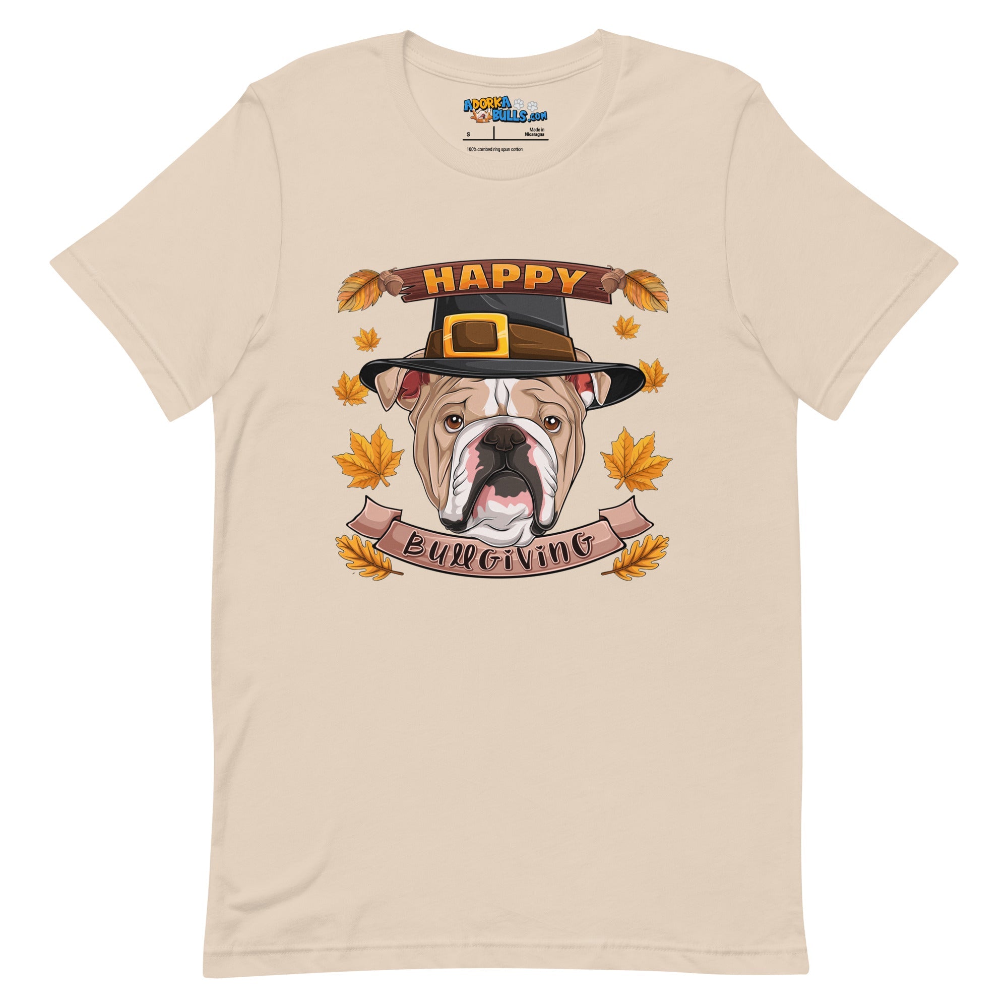 "Happy Bullgiving" English Bulldog Unisex Tee | Fawn & White Colored Male