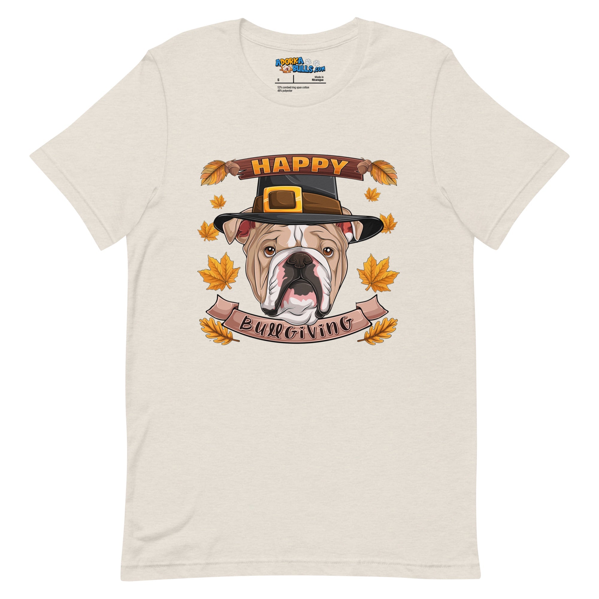 "Happy Bullgiving" English Bulldog Unisex Tee | Fawn & White Colored Male
