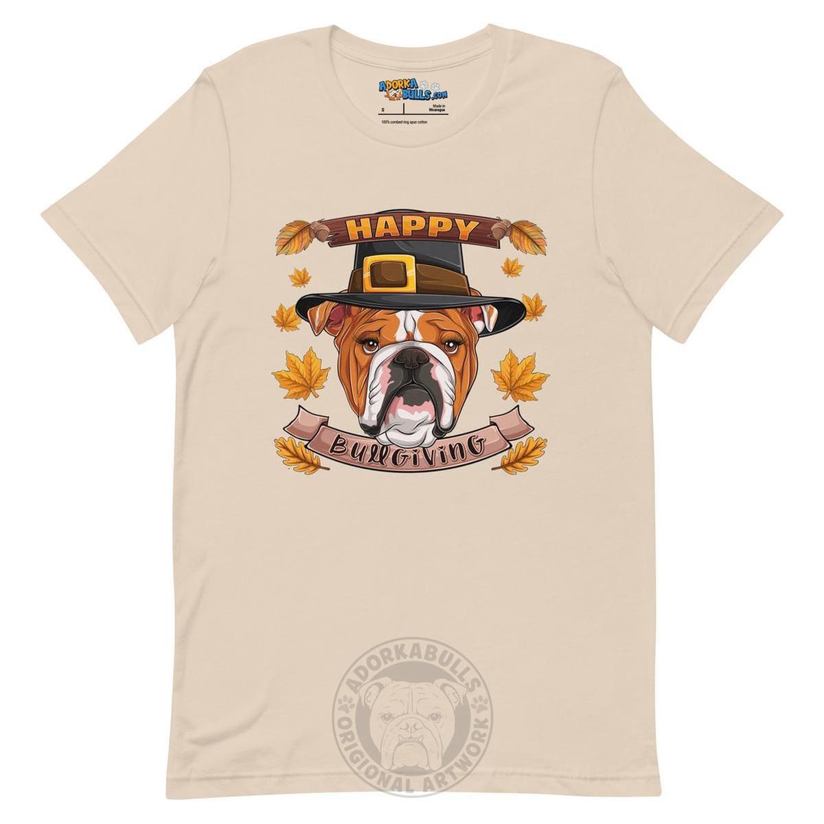 "Happy Bullgiving" English Bulldog Unisex Tee | Red & White Colored Female