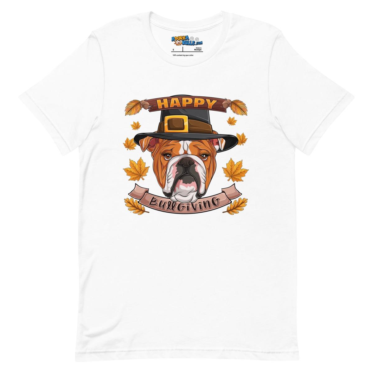"Happy Bullgiving" English Bulldog Unisex Tee | Red & White Colored Female