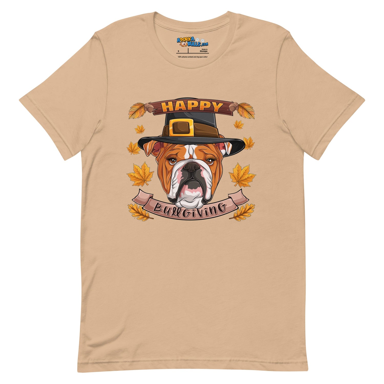 "Happy Bullgiving" English Bulldog Unisex Tee | Red & White Colored Female