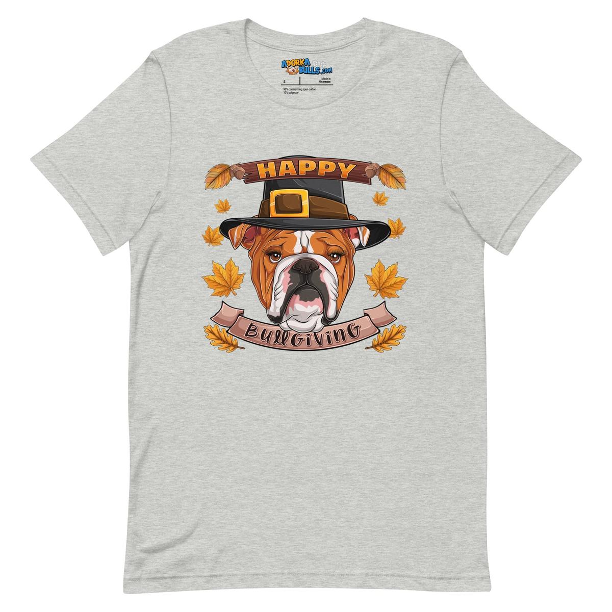 "Happy Bullgiving" English Bulldog Unisex Tee | Red & White Colored Female