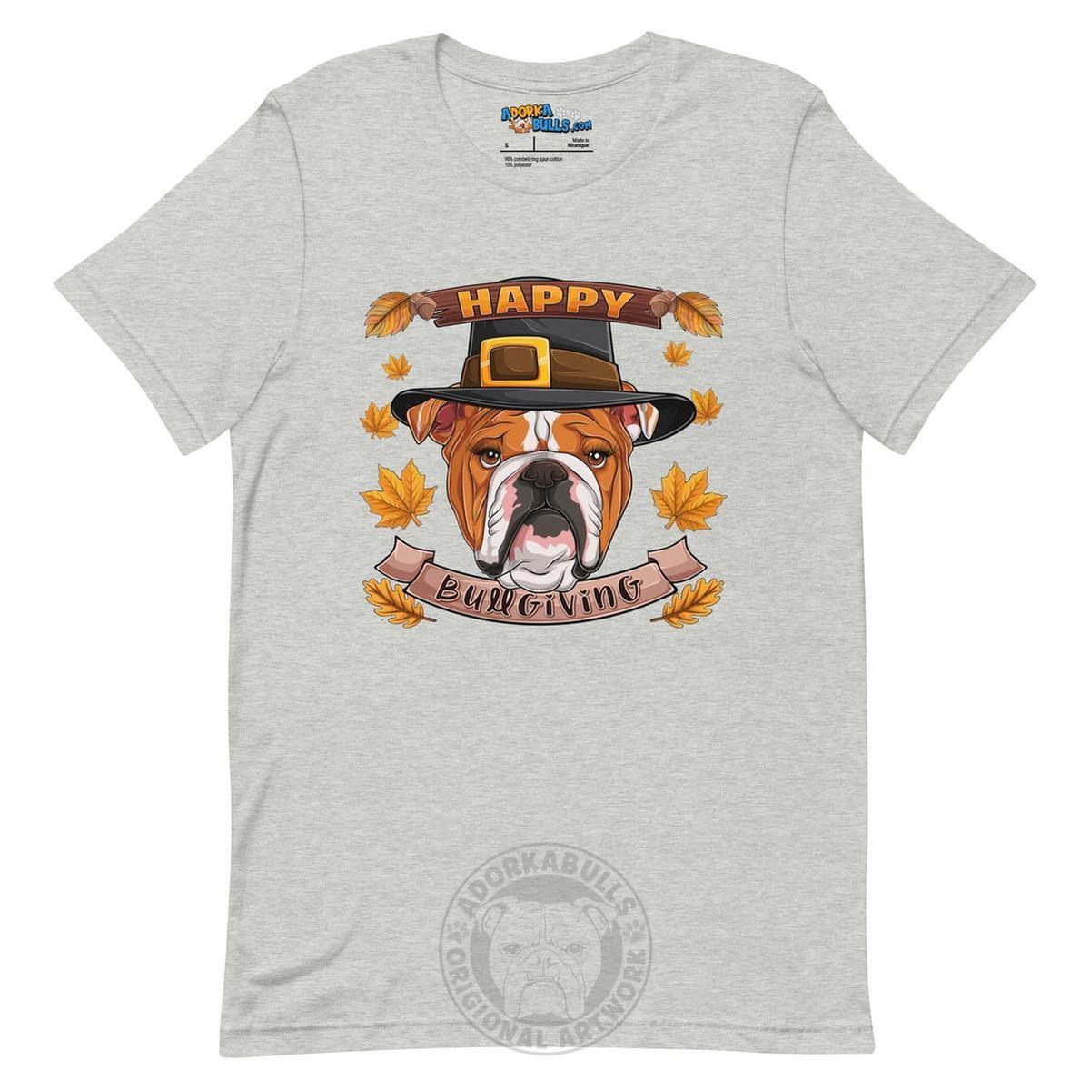 "Happy Bullgiving" English Bulldog Unisex Tee | Red & White Colored Female